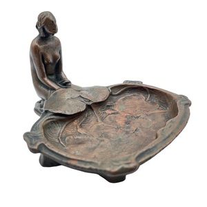 Rare Antique Pompeian Bronze Nude Lady Bust Lily Pond Ashtray Soap Trinket Dish
